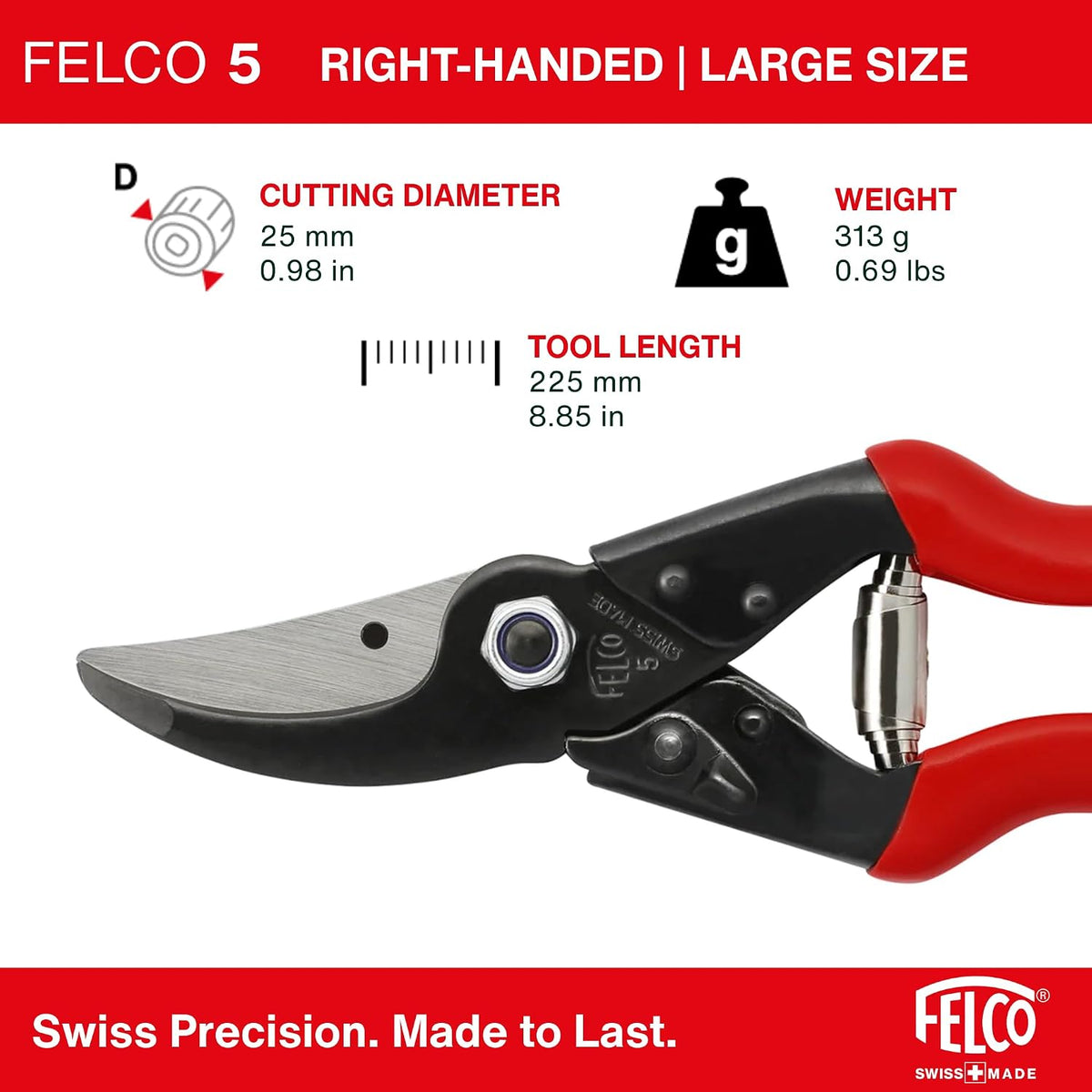 Felco F5 Pruning Shears – 8.9" All Steel Large Swiss-Made Garden Clippers| Hand Pruners for Garden & Landscape | Garden Tool Cutter with Precision Bypass Blade, Forged Aluminum Body, Replaceable Parts