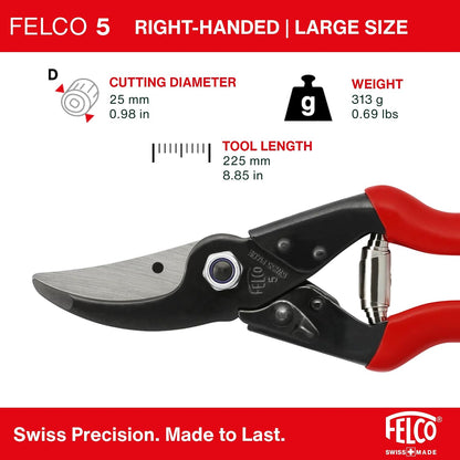 Felco F5 Pruning Shears – 8.9" All Steel Large Swiss-Made Garden Clippers| Hand Pruners for Garden & Landscape | Garden Tool Cutter with Precision Bypass Blade, Forged Aluminum Body, Replaceable Parts