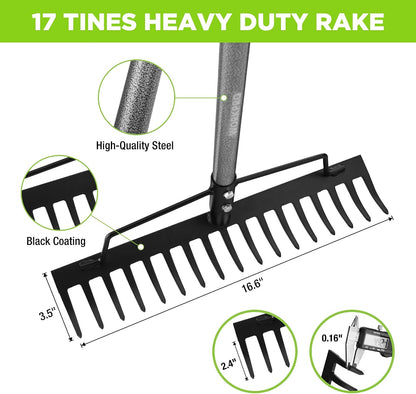 WORKPRO 65 Inch Bow Rake, 17-Tine Metal Head Rake with Adjustable Handle