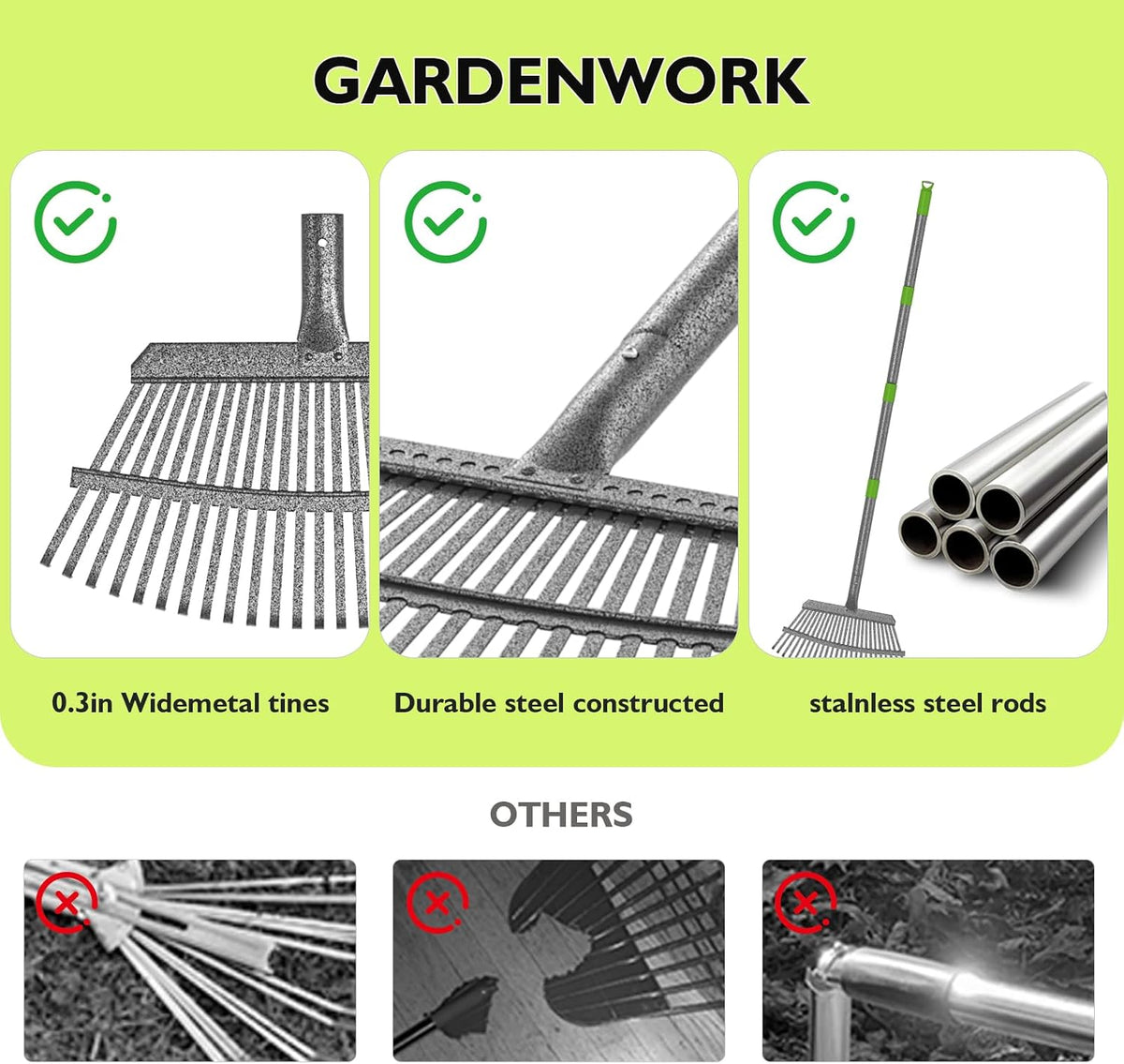 Adjustable Metal Leaf Rake with 2 Pcs Head(18"&8"),36-73" Long Rake Handle