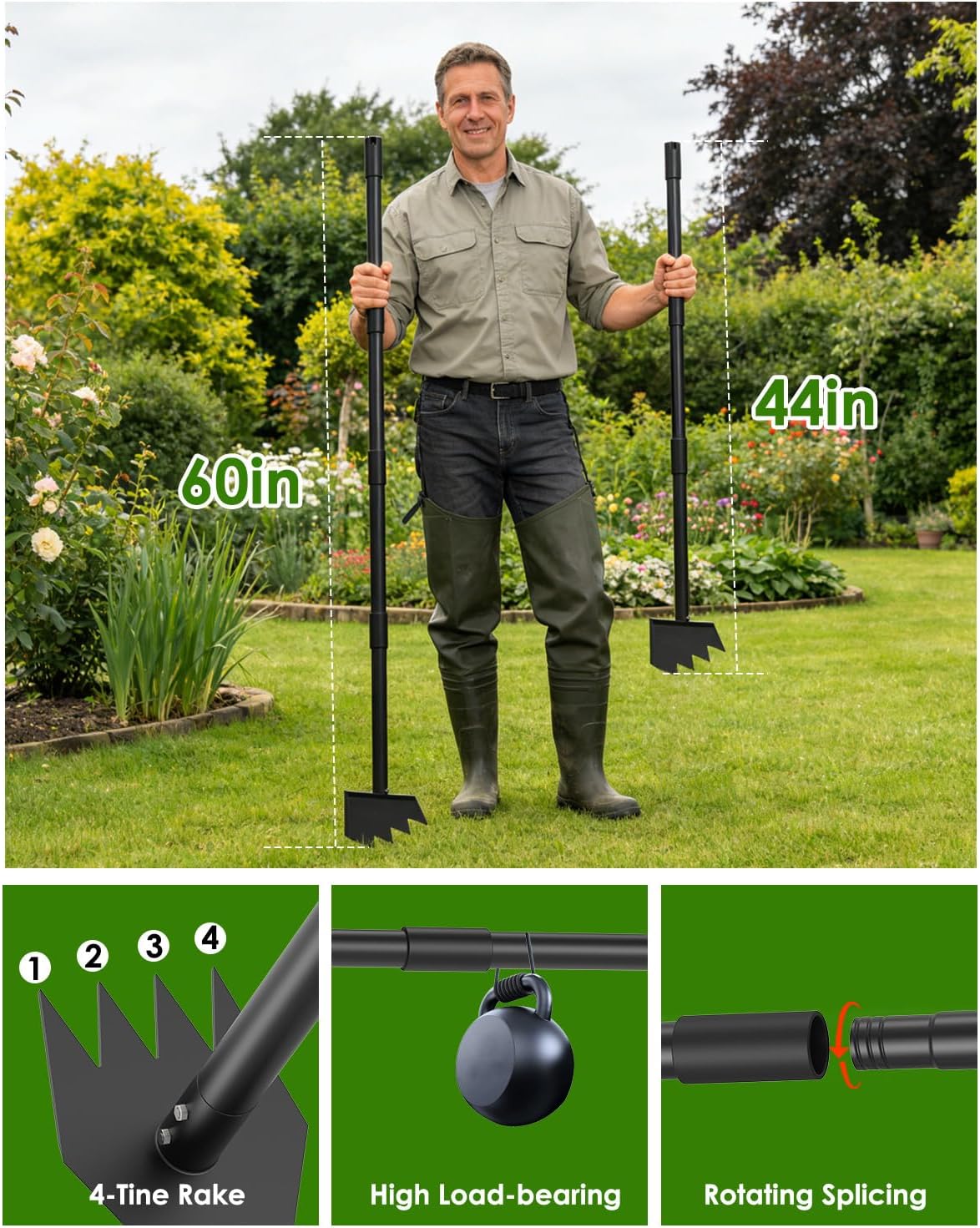 Luvenia Garden Hoe, 46 Inch Long Handle Hoe Garden Tool Heavy Duty, 2 in 1 Weed Rake & Garden Hoe for Women & Family Gardeners, Fast Weeds Grass Removal,Cultivating, Loosen Soil, Sharp Edge