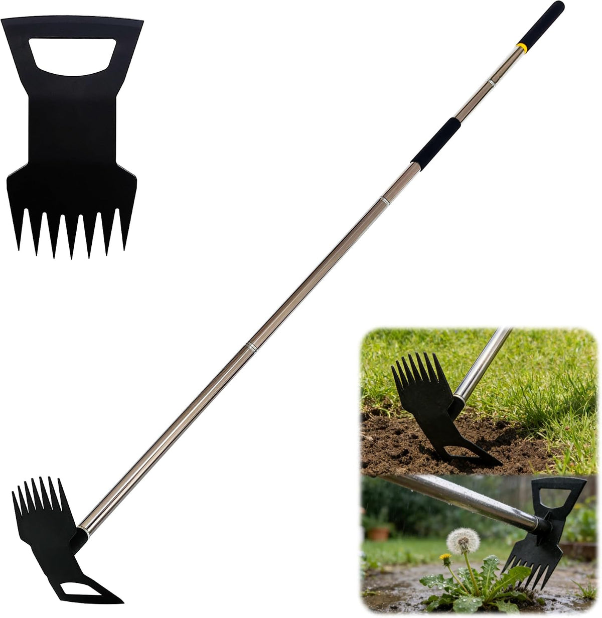 Weed Rake and Garden Hoe,7-Tine Manual Weeder Remover Tool,4-Section Adjustable 2 in 1 Hoe and Rake for Heavy-Duty Root Removal and Weed Clearing in Yards,Lawns,Patios,and Gardens