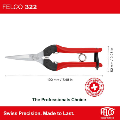 Felco F322 Pruning Snips – 9.84" Garden Clippers with Curved Blade & Rounded Tip | Pruning Shears for Gardening | Garden Snips and Pruners with Carbon Steel Blade, Sap Groove