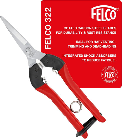 Felco F322 Pruning Snips – 9.84" Garden Clippers with Curved Blade & Rounded Tip | Pruning Shears for Gardening | Garden Snips and Pruners with Carbon Steel Blade, Sap Groove