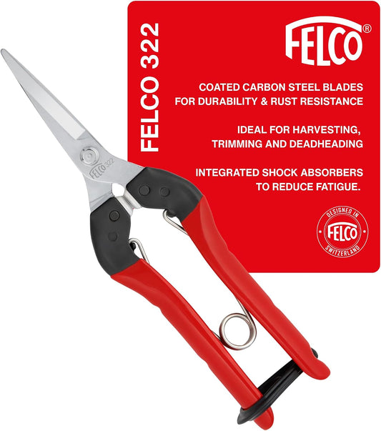 Felco F322 Pruning Snips – 9.84" Garden Clippers with Curved Blade & Rounded Tip | Pruning Shears for Gardening | Garden Snips and Pruners with Carbon Steel Blade, Sap Groove