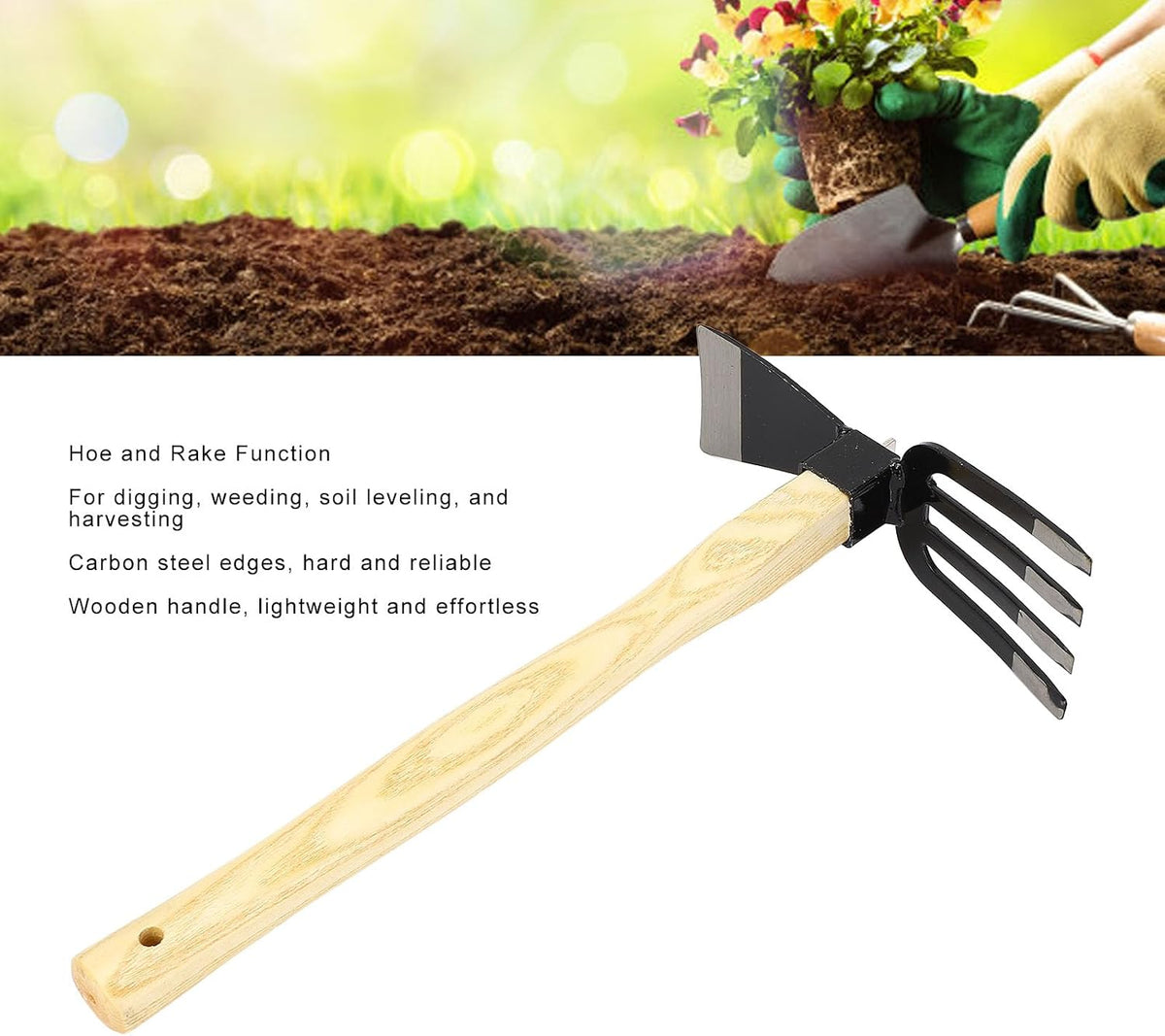 Garden Hoe, Hand Rake Tool with Ergonomic Handle for Weeding Harvesting,
