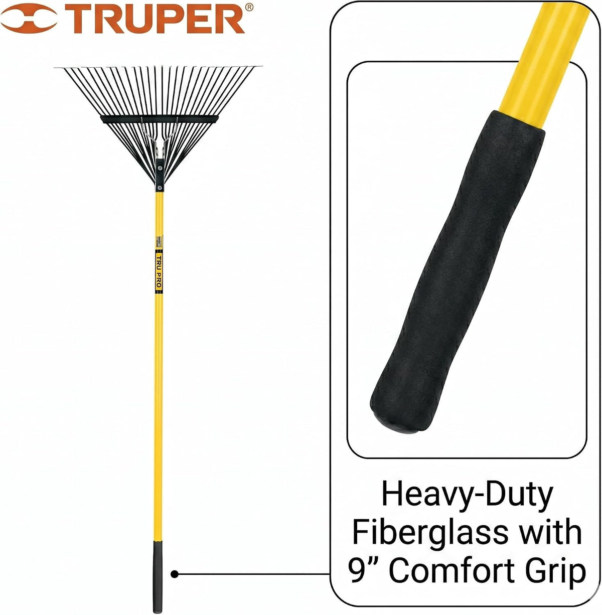 Truper Tru Pro 26-Tine Steel Lawn and Leaf Rake, 54-Inch Heavy-Duty Fiberglass Handle with 9-Inch Cushion Grip, Professional Landscaping and Yard Clean-Up Tool (Model 32401 / EMX-26F)