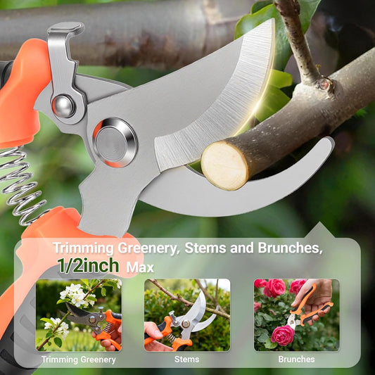 Pruning Shear, Premium Gardening Scissors for Rose Bushes, 7.5IN Garden Pruner Effortlessly Cuts 0.6IN Branches with Stainless Steel Blades Softgrip, One-Hand Lock Garden Clippers for Shrubs