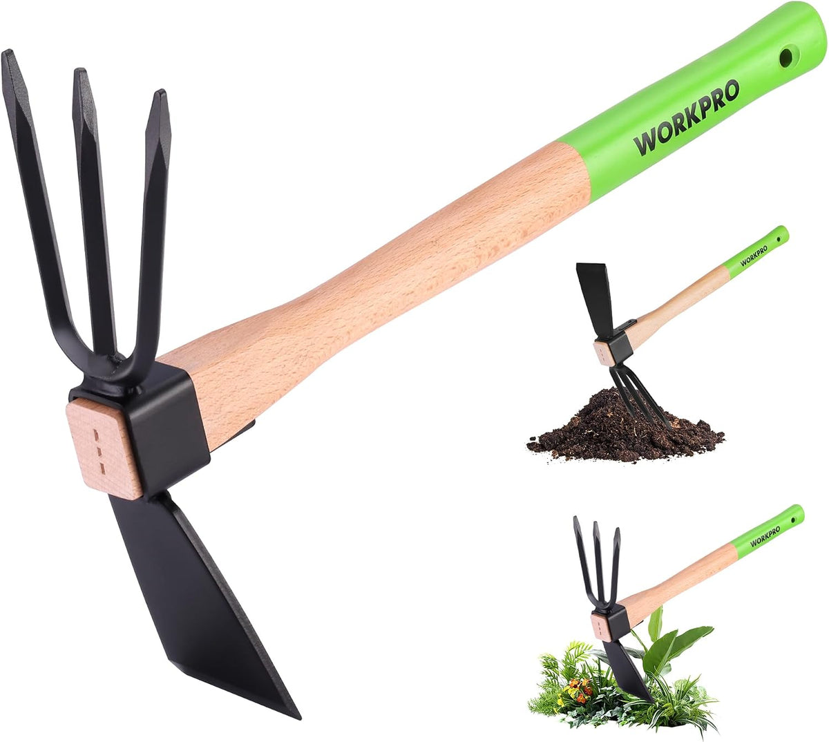 WORKPRO Hoe and Cultivator Garden Rake with 14" Wooden Handle