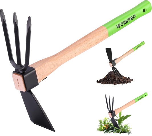WORKPRO Hoe and Cultivator Garden Rake with 14" Wooden Handle