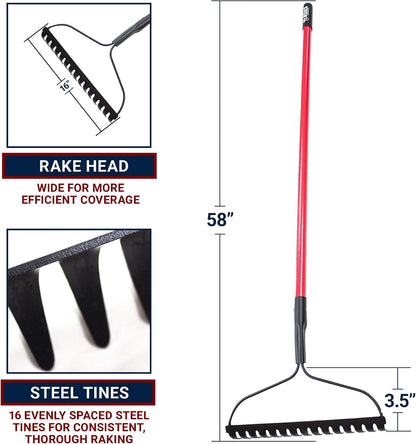 Bully Tools Bow Rake 16" Tines, Heavy Duty Steel Garden Rake for Leaves