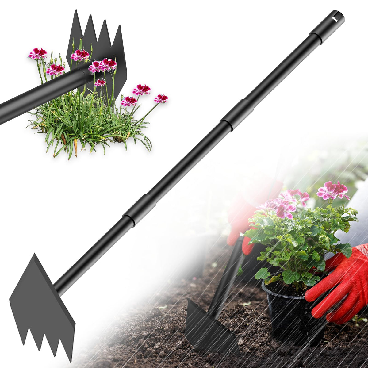 Luvenia Garden Hoe, 46 Inch Long Handle Hoe Garden Tool Heavy Duty, 2 in 1 Weed Rake & Garden Hoe for Women & Family Gardeners, Fast Weeds Grass Removal,Cultivating, Loosen Soil, Sharp Edge