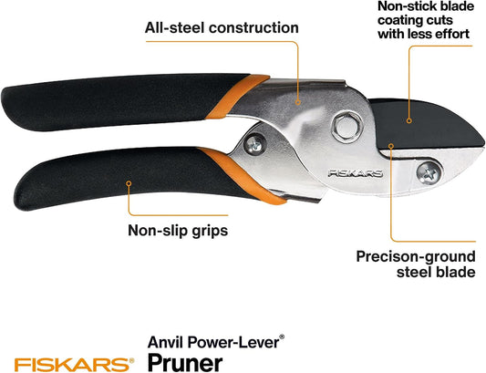 Fiskars Power-Lever Anvil Pruning Shears, 5/8" Cut Capacity Garden Clippers