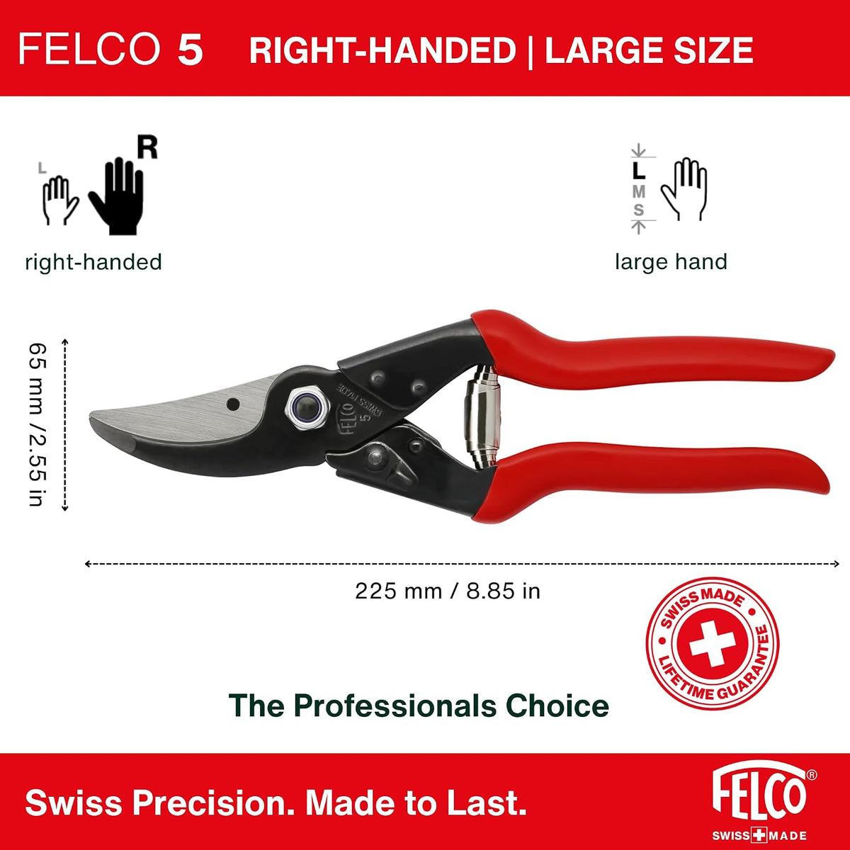 Felco F5 Pruning Shears – 8.9" All Steel Large Swiss-Made Garden Clippers| Hand Pruners for Garden & Landscape | Garden Tool Cutter with Precision Bypass Blade, Forged Aluminum Body, Replaceable Parts