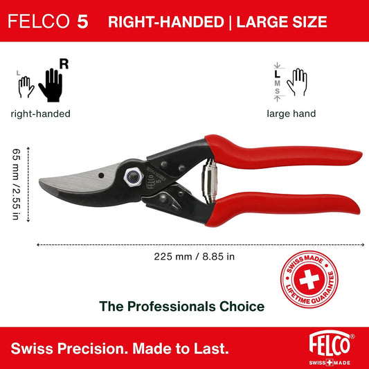 Felco F5 Pruning Shears – 8.9" All Steel Large Swiss-Made Garden Clippers| Hand Pruners for Garden & Landscape | Garden Tool Cutter with Precision Bypass Blade, Forged Aluminum Body, Replaceable Parts