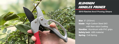 Ratchet Anvil Pruning Shears,Anvil Pruner For Gardening,Hand Pruners for Tree trimming,Carbon Steel Garden clippers, Garden Shear, Pruning Shear,Heavy Duty ratchet shears for Hardy branches,deadwoods