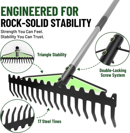 Walensee Heavy Duty Dual-Sided Bow Rake, 63" Stainless Steel Handle, Heat-Treated Manganese Steel Head, 17 Steel Tines Metal Garden Rake for Soil Loosening, Yard Leveling, Lawn Care and Thatch Removal