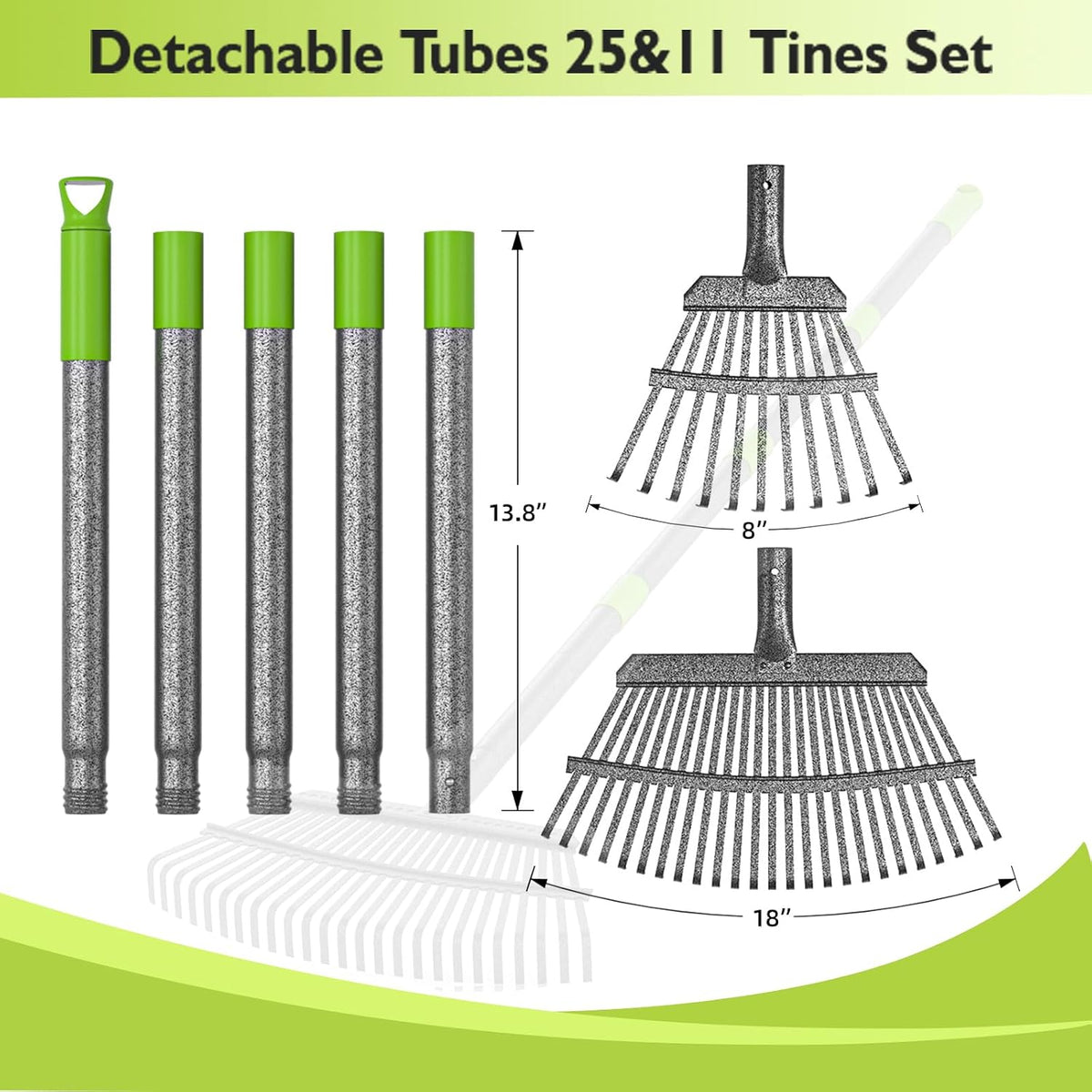 Adjustable Metal Leaf Rake with 2 Pcs Head(18"&8"),36-73" Long Rake Handle