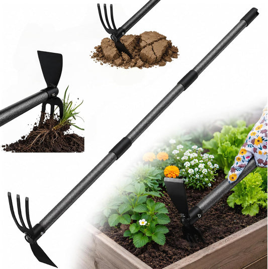 Garden Hoe with 3-Tine Cultivator Rake, 2-In-1 Carbon Steel Sharp Weeding Tool with 60 " Long Handle For Weed Removal, Soil Loosening, Planting,Cultivating In Raised Flower Beds,Vegetable Gardens