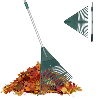ORIENTOOLS 69" Adjustable Leaf Rake with 5-Section Handle, 26-Tine Durable Plastic Head, Dual-Use Design Converts to Leaf Scoops, Lightweight Yard Rake for Lawns, Grass, Shrubs & Garden Cleanup