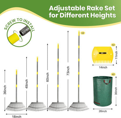 2 Pack Garden Rake for Leaves: 18" Wide Heavy Duty Rakes for Lawns with 72 Gallon Leaf Bags and Scoops, Metal Leaf Rake Set with73 Adjustable Long Handle 25 Tines for Yard, Garden, Lawn