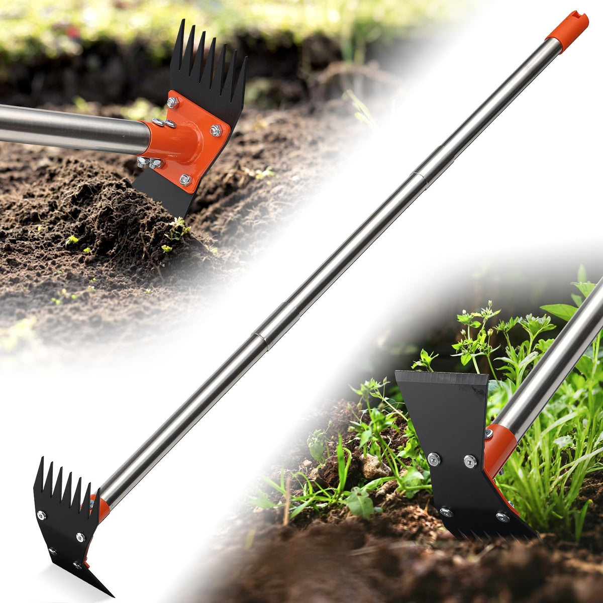 Garden Hoe - Weed Hoe Rake and Cultivator Garden Tool for Weeds Long Handle - Heavy Duty Scuffle Field Grub Dutch Digging Weeding Hand Held Hoes for Gardening (Blaze Orange)