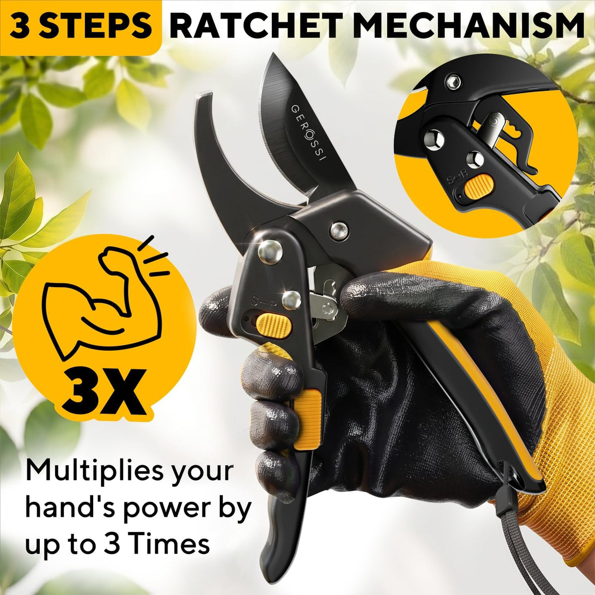 Gerossi Ratchet Pruning Shears Heavy Duty, Hand Pruners for Gardening