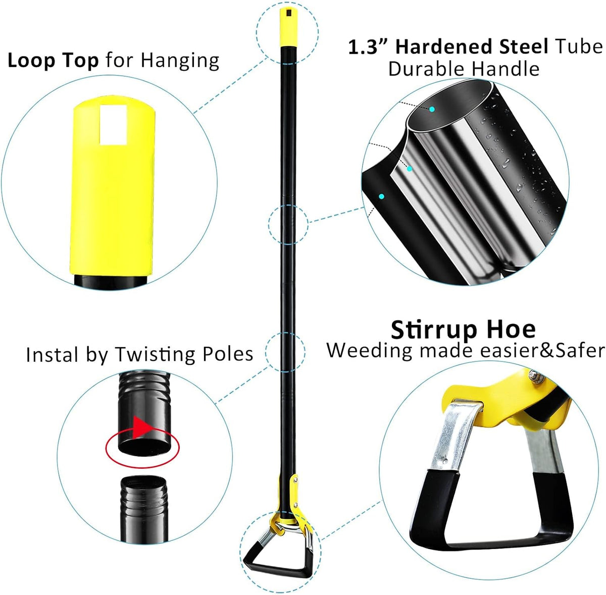 DonSail Hoe Garden Tool -Scuffle Garden Hoes for Weeding Gardening Long Handle Heavy Duty - Adjustable Weeding Loop Stirrup Hoe 30-61 Inch Black