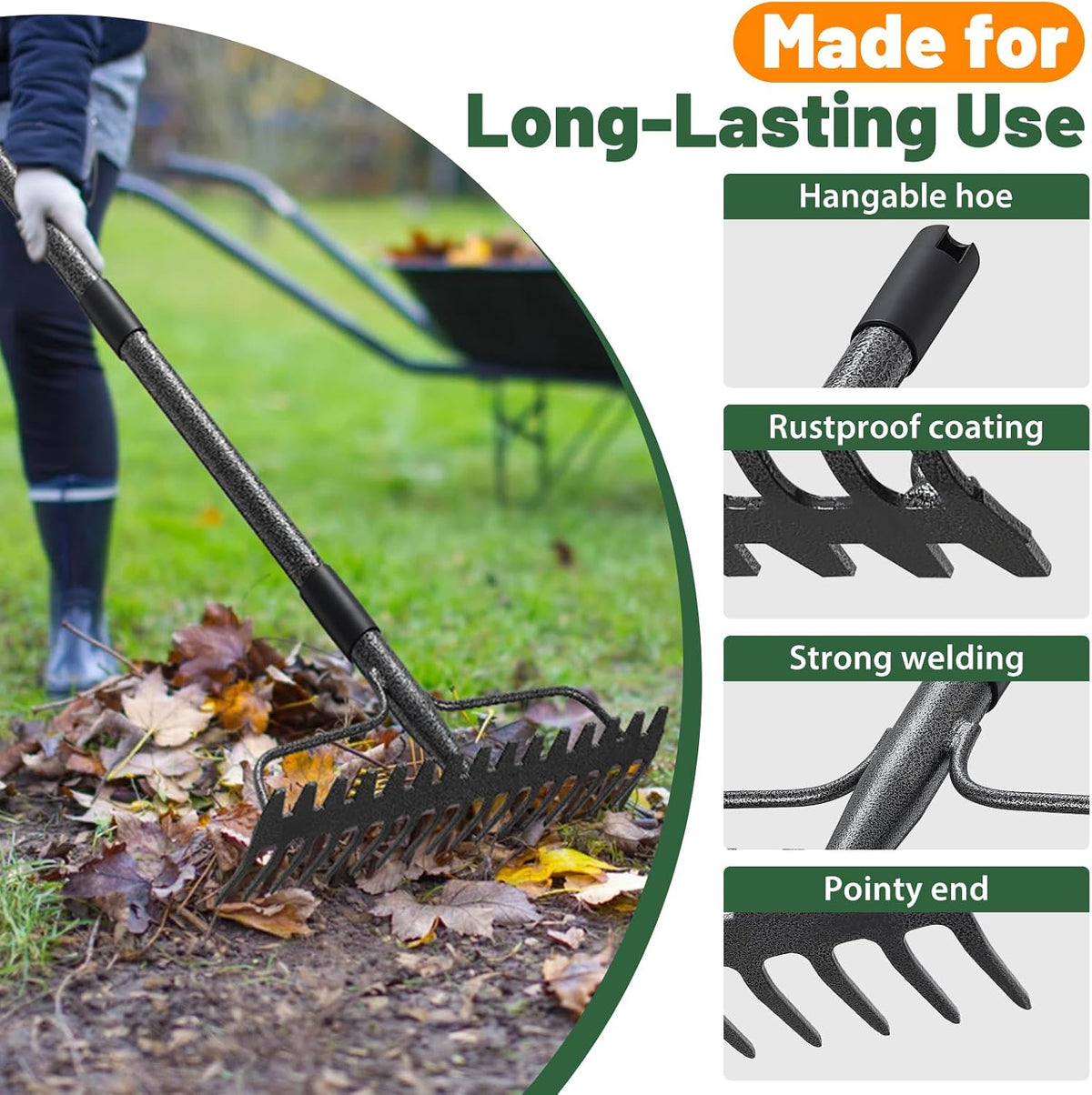 Rake, 17 Tines with 49 Inch Handle, 17 Inch Wide Heavy Duty Garden Thatch Leaf Rake for Raking Leaf Loosening Soil Gathering Mulch Leveling Rocks, Rustproof Metal Bow Rakes for Leaves Grass