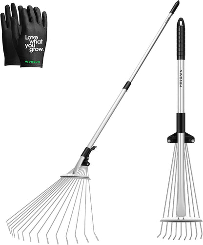 VIVOSUN 2-Piece Leaf Rake Set - Adjustable Garden/Camping Rake with 15/9 Tines, Collapsing Tines & Telescopic Handle (64'' & 30'')