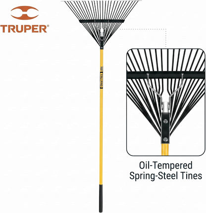 Truper Tru Pro 26-Tine Steel Lawn and Leaf Rake, 54-Inch Heavy-Duty Fiberglass Handle with 9-Inch Cushion Grip, Professional Landscaping and Yard Clean-Up Tool (Model 32401 / EMX-26F)