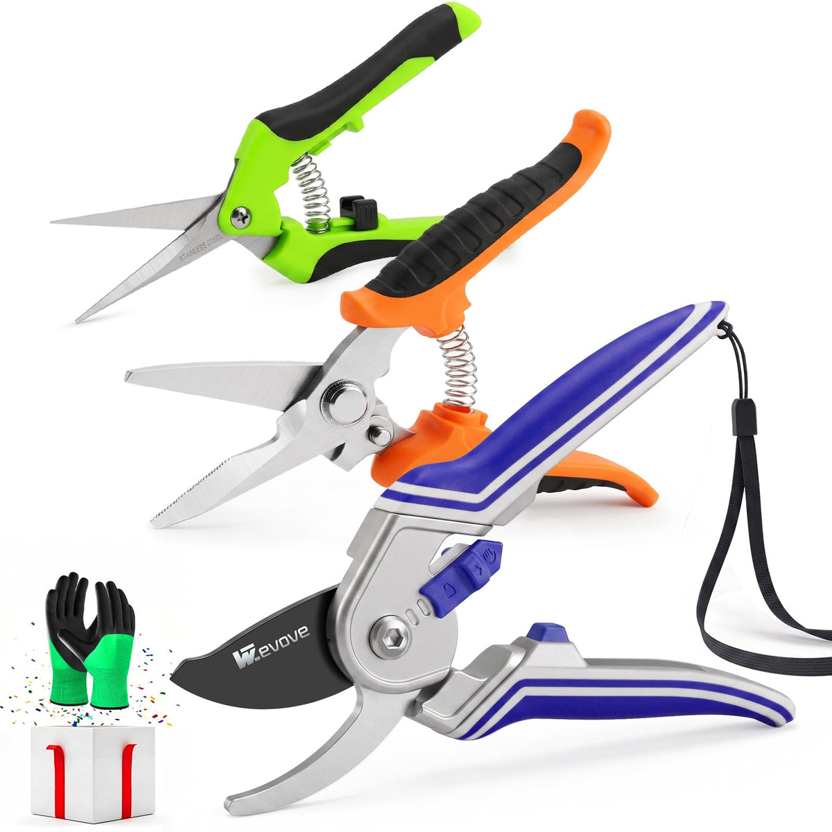 3 Pack Garden Pruning Shears Stainless Steel Blades Handheld Pruners Set with Gardening Gloves