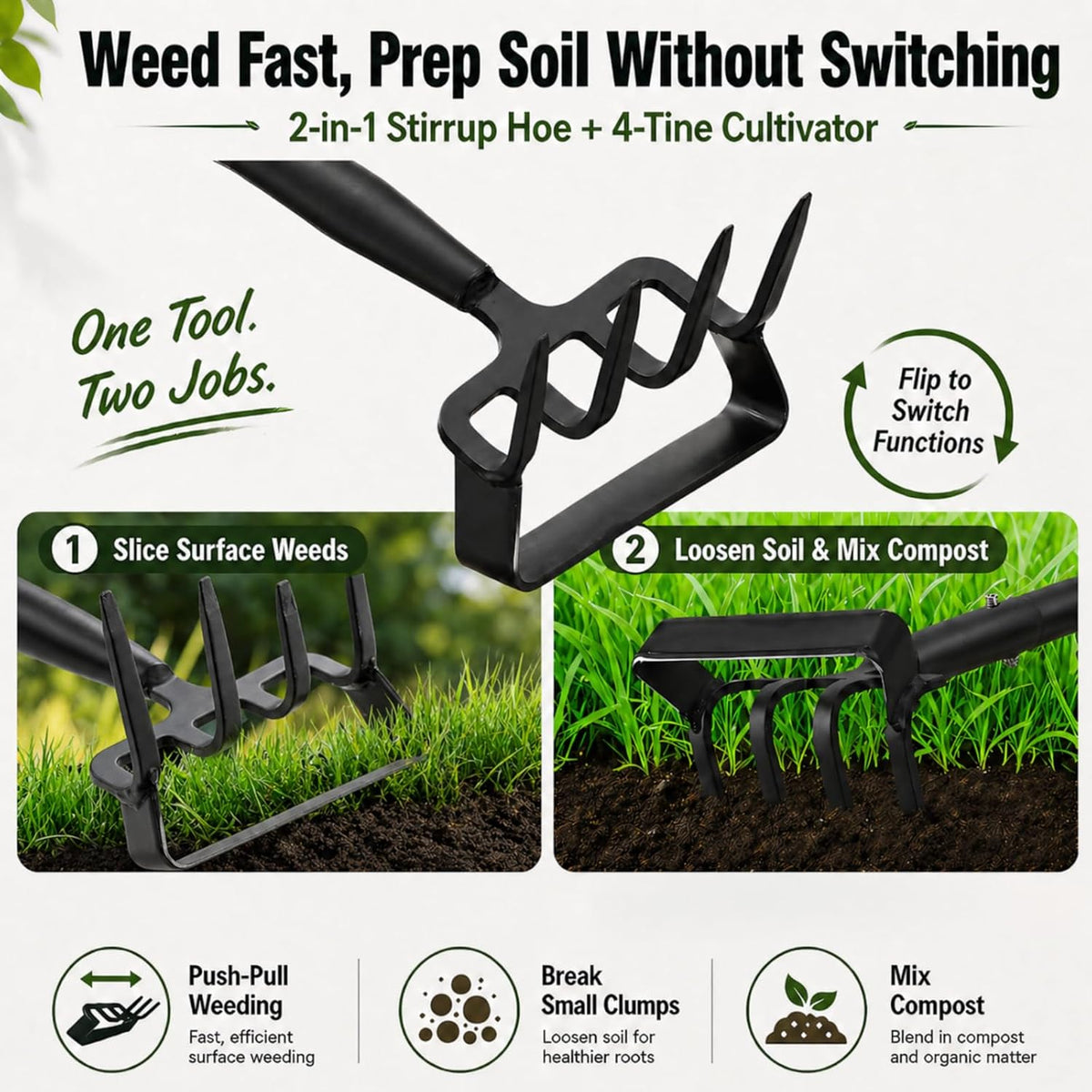 Garden Hoe with Cultivator Rake, 2-in-1 Heavy Duty Action Stirrup Hoe with Sharp Blade,60" Adjustable Long Handle Loop Scuffle Hoe for Fast Weeding, Loosening Soil, Aerating and Mixing Compost