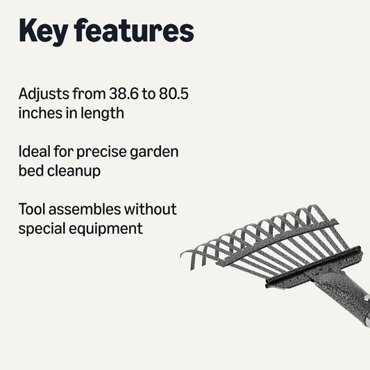 Amazon Basics Garden Rake, Leaf rake with 38.58" - 80.51" Adjustable Steel Handle, Gardening tools for Yard Work, Olive/Black/Silver