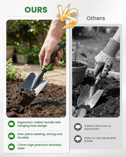 4-Piece Garden Tool Set, Heavy Duty Gardening Hand Tools with Soft Rubber Handle,Green,Premium Stailess Steel,Include Hand Shovel,Transplant Trowel,Hand Rakes, 2-in-1 Hoe and Cultivator