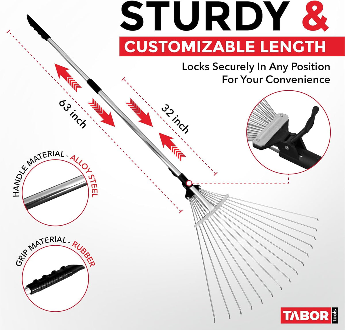 TABOR TOOLS J16A Adjustable Metal Leaf Rake with Expandable Head 8-23", Collapsible & Telescopic Grass Rake for Lawns, Garden & Yard, Ideal for Leaves, Shrubs & Small Areas