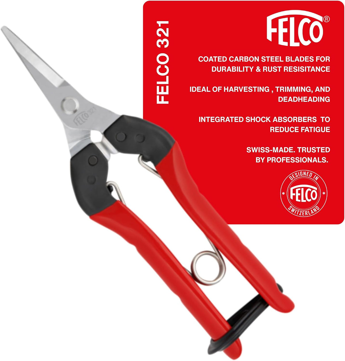 Felco F322 Pruning Snips – 9.84" Garden Clippers with Curved Blade & Rounded Tip | Pruning Shears for Gardening | Garden Snips and Pruners with Carbon Steel Blade, Sap Groove