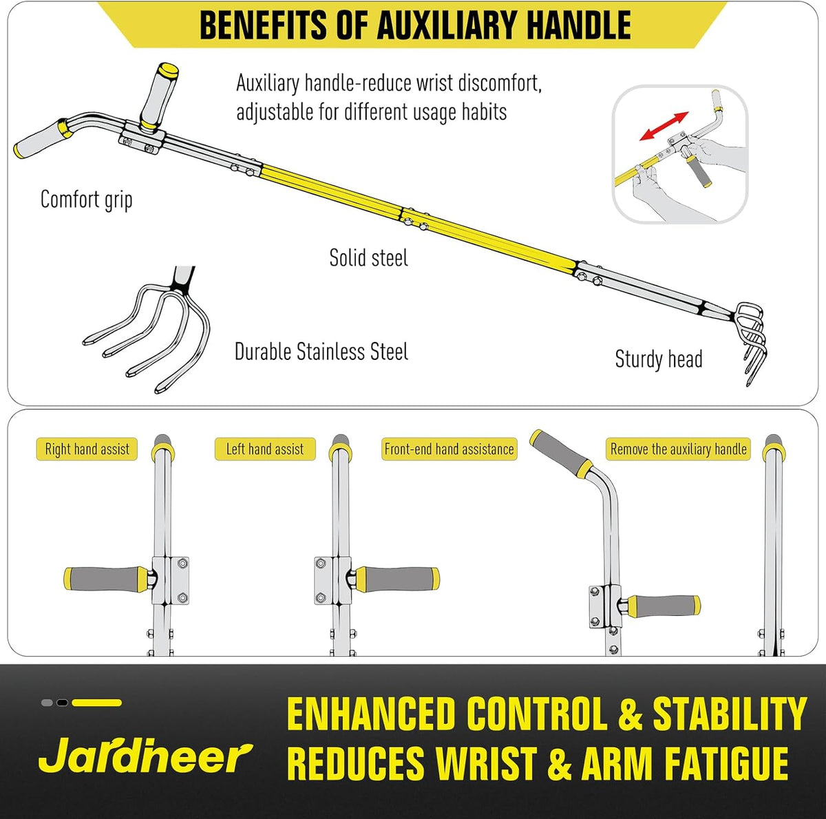 Jardineer 4-Tine Cultivator Rake with Auxiliary Handle, Garden Cultivator Long Handle, Hand Tiller Tool for Gardening Digging Loosening Weeding
