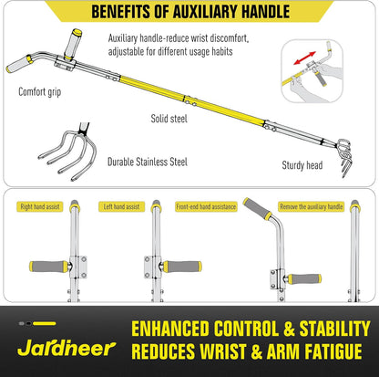 Jardineer 4-Tine Cultivator Rake with Auxiliary Handle, Garden Cultivator Long Handle, Hand Tiller Tool for Gardening Digging Loosening Weeding