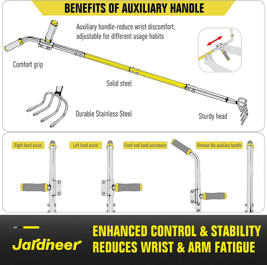 Jardineer 4-Tine Cultivator Rake with Auxiliary Handle, Garden Cultivator Long Handle, Hand Tiller Tool for Gardening Digging Loosening Weeding