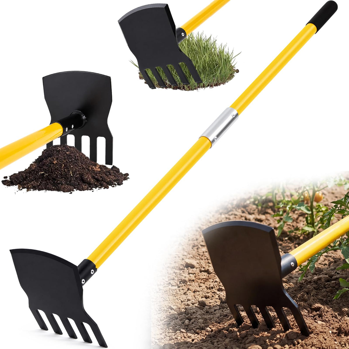 Rake Hoe Steel with 48 Inch Fiberglass Handle Fire Rake Hoe for Multi-use Landscaping and Forestry, Raking, Scraping, Grubbing and Tamping