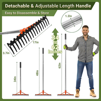 62 Inch Garden Rake with 17 Tempered Spring Steel Tines