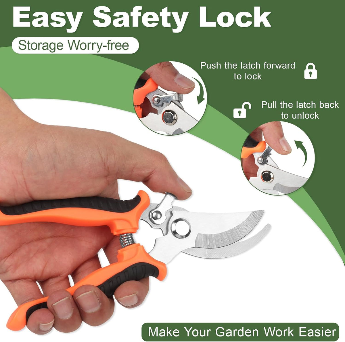 Pruning Shear, Premium Gardening Scissors for Rose Bushes, 7.5IN Garden Pruner Effortlessly Cuts 0.6IN Branches with Stainless Steel Blades Softgrip, One-Hand Lock Garden Clippers for Shrubs