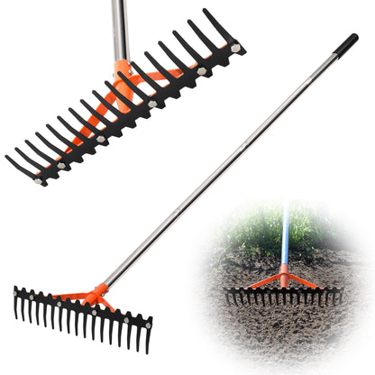 62 Inch Garden Rake with 17 Tempered Spring Steel Tines