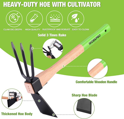 WORKPRO Hoe and Cultivator Garden Rake with 14" Wooden Handle