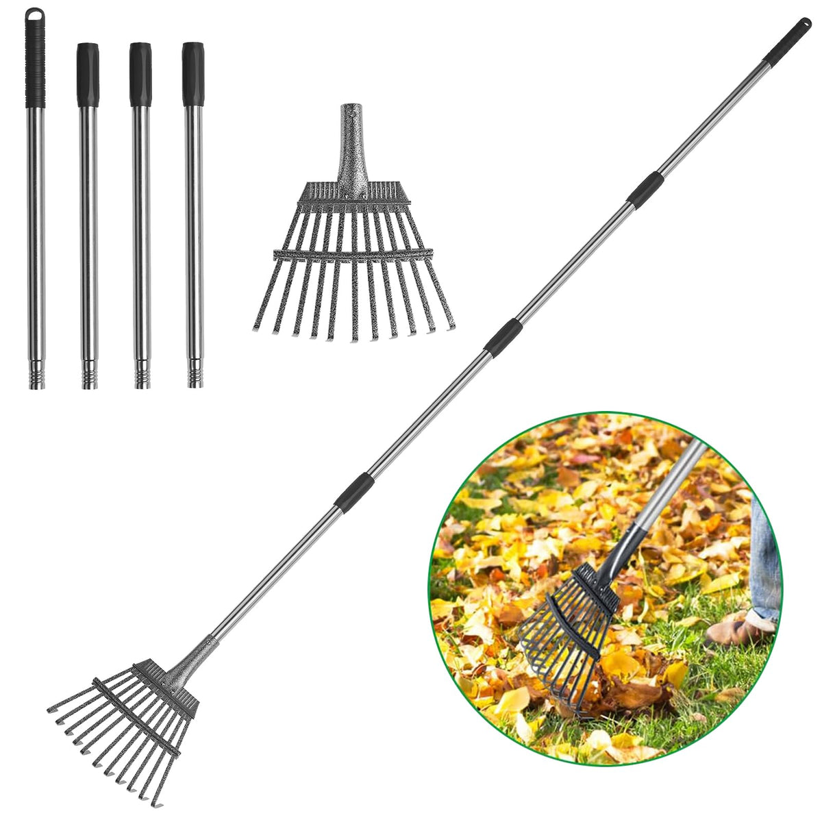 Rake for Leaves Heavy Duty 72 Inch Long Expandable Leaf Rake, 18 Inch Wide Garden Rakes with 25 Reinforced Tines and Stainless Steel Handle for Lawn, Yard, Leaf Cleanup