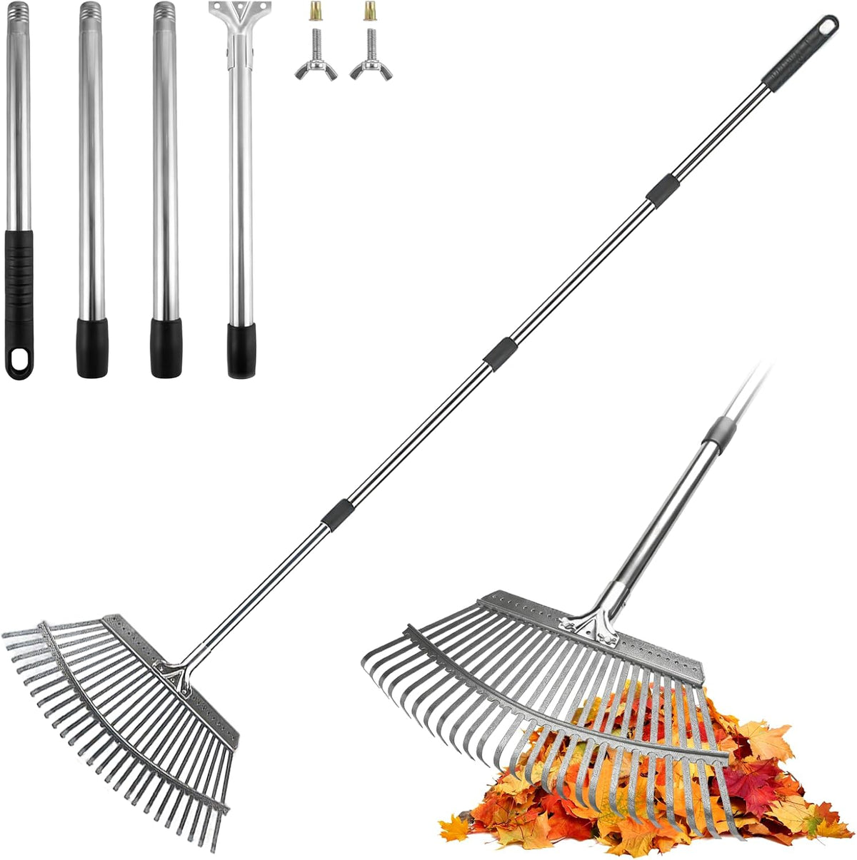18-Inch Wide Heavy Duty Adjustable Metal Leaf Rake, 62-Inch Long Handle Garden Rake for Lawns, Grass, Flower Beds & Outdoor Yard Cleanup