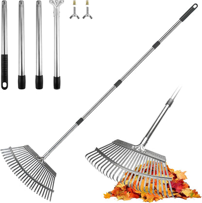 18-Inch Wide Heavy Duty Adjustable Metal Leaf Rake, 62-Inch Long Handle Garden Rake for Lawns, Grass, Flower Beds & Outdoor Yard Cleanup