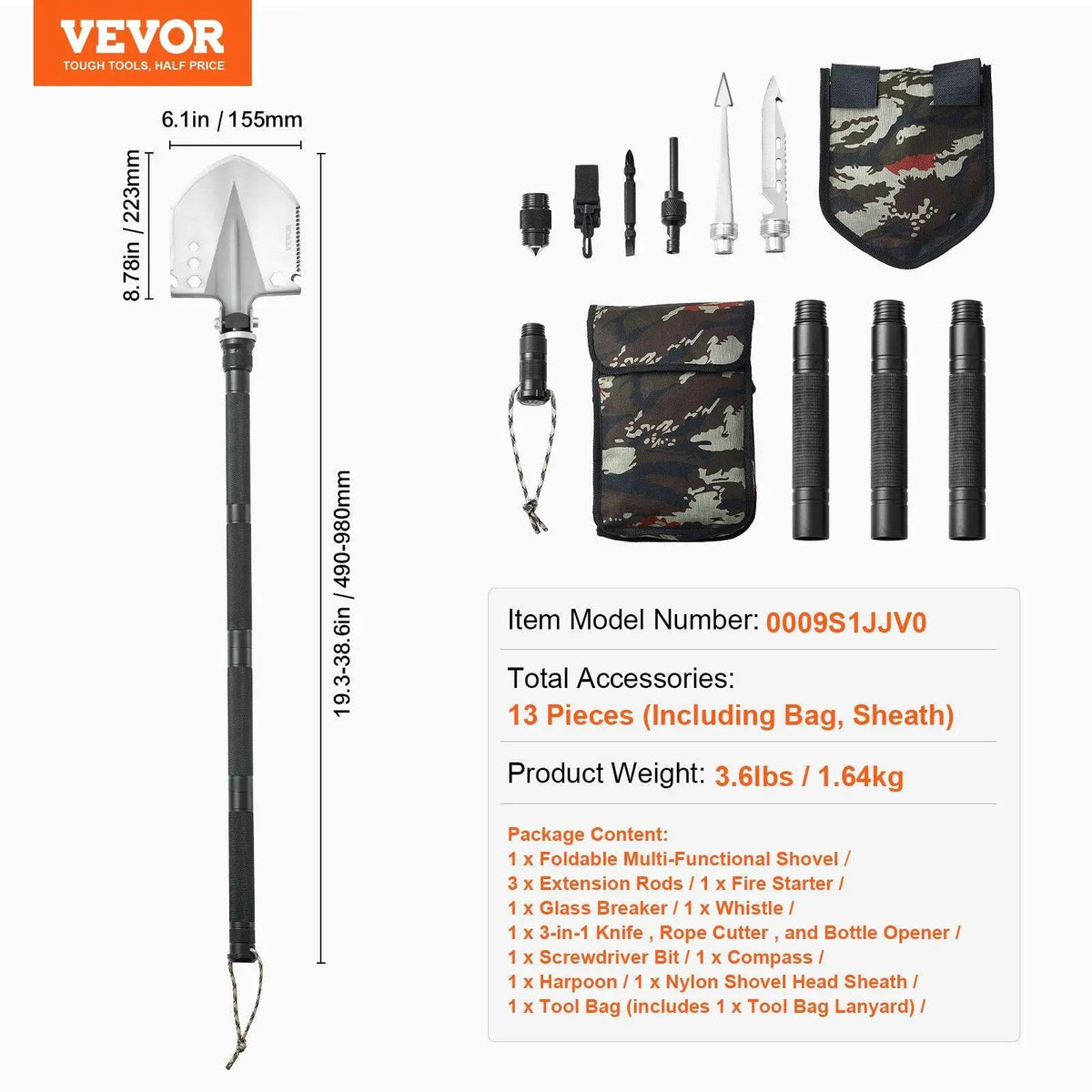 【Fallpicks】13-in-1 Folding Survival Shovel - VEVOR Portable Compact Multitool, All Metal EDC Tool, Copper Adults’ Survival Equipment, Outdoor Camping Gadget