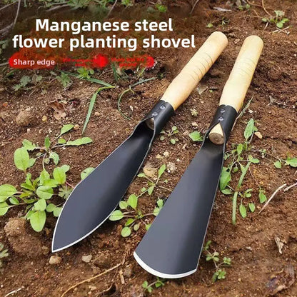 Manganese Steel Garden Shovel Set (2-Count) - Durable Wooden-Handled Trowels, Compact and Easy to Handle, Pointed & Flat Tips, Ideal for Beginners' General Gardening Tasks, Outdoor Gardening Supplies